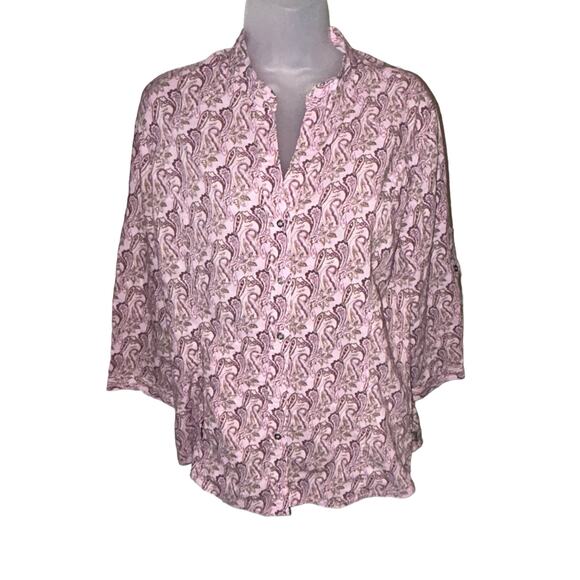 North Face Women's Large Pink Paisley Button Down Roll Tab Shirt V-neck - Picture 1 of 5